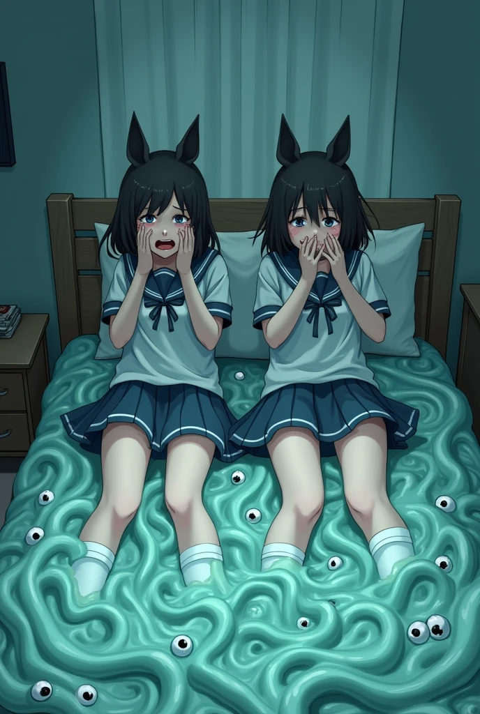 Two girl's lower_body is transformed into slime(Japanese anime style)(with slime tentacles)(scared and crying)(fox ears)(multiple slime eyes)(student costume)(on bed)(the room is covered by slime)