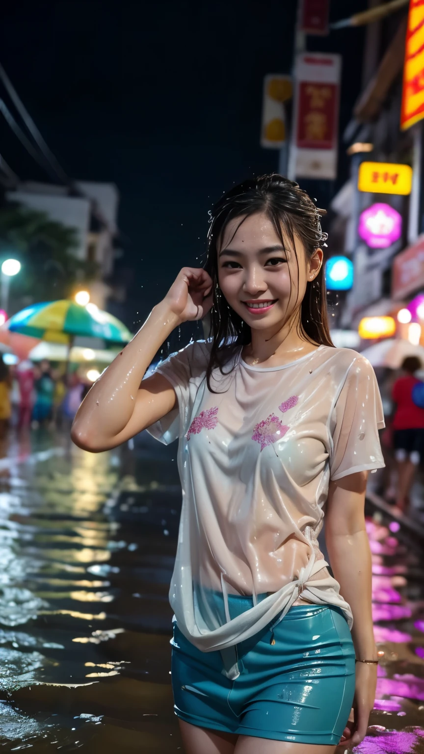 Songkran Festival, Wet Street , Soaked的年轻女孩, Soaked, Dripping, Wet clothes, Moist skin, Wet hair, 8K, masterpiece, Reality, beautiful, Happy