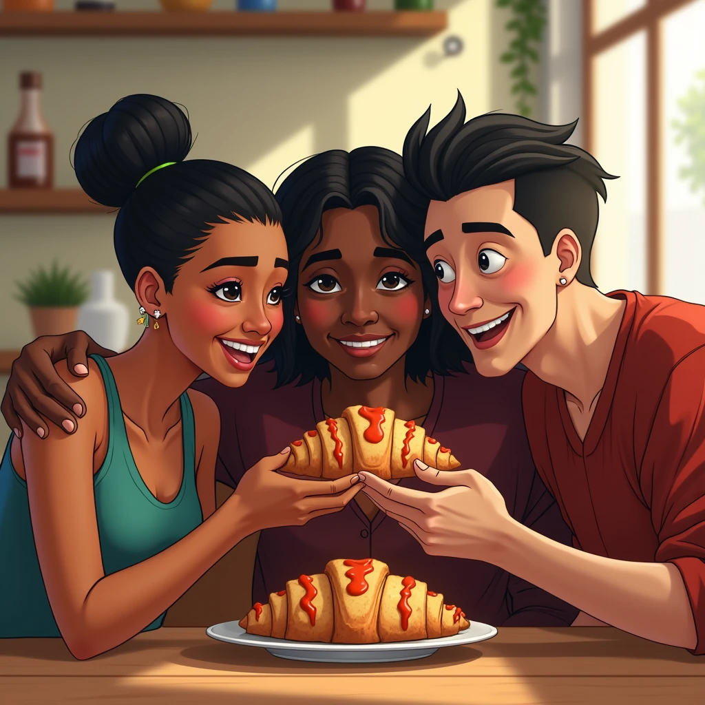 three friends, being a lesbian latina woman with shaved hair on the side, a straight-haired black Latino man and a very effeminate white man eating a ham and cheese croissant