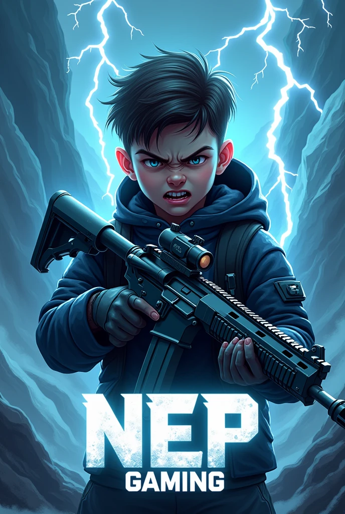 A logo where angry
boy is sitting holding m416 gun in glacier form with Lighting background. Below NEP Gaming with glow effect.