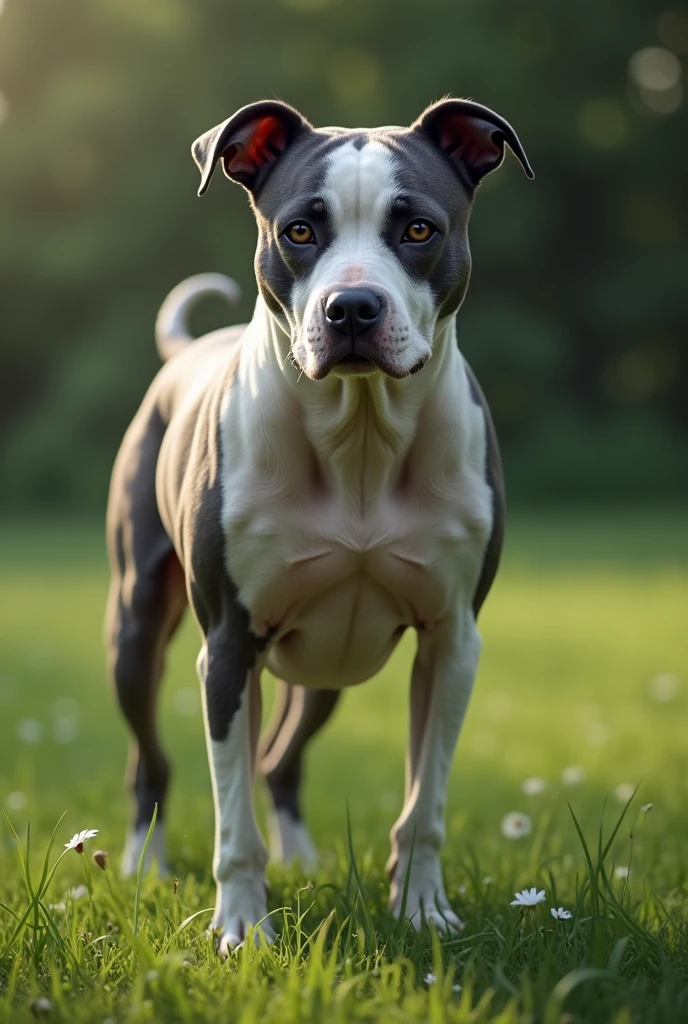 A white and dark gray American Staffordshire terrier dog with swollen breasts ready to nurse her puppies, but so skinny that her bones are visible, standing on green grass