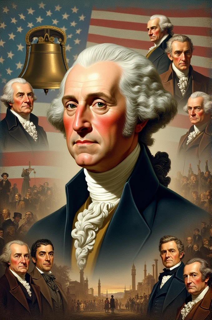 Founding Father Montage: A montage-style image featuring George Washington alongside symbols of the American Revolution, such as the Liberty Bell, the Declaration of Independence, and other Founding Fathers.