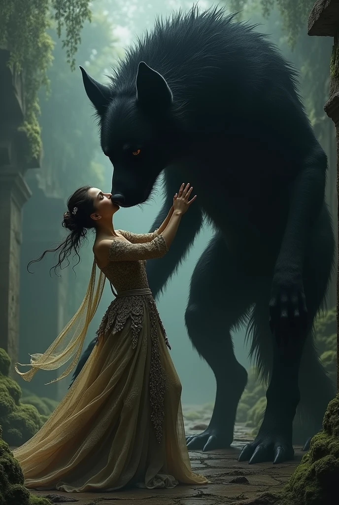 A giant human body black dog kidnap a beutiful girl in ancient dress

