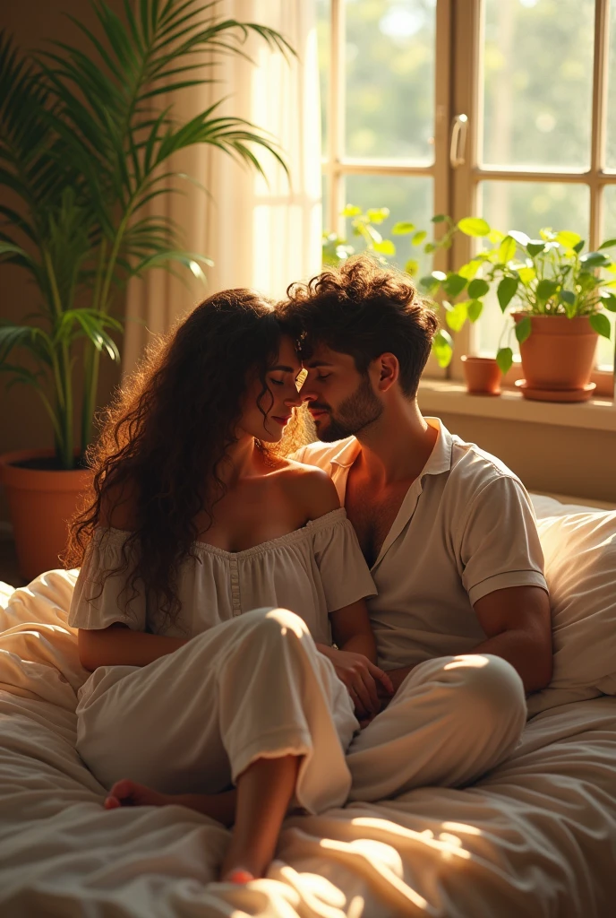 (photorealism:1.2), beautiful love cupal, sitting on bed, wearing loose off-shoulder top, pajama pants, long curly hair, indoors, soft lighting, plants in background, window with sunlight, cozy room, relaxed pose, realistic, intricate details, warm colors, by Greg Rutkowski, by Alphonse Mucha