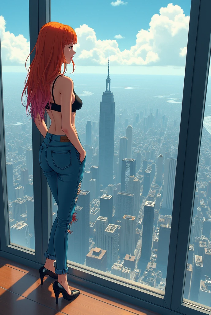 A beautiful white anime woman with orange red hair wearing a bra and jeans with holes and high heels looking out the window of a 30,000 meter building, thus seeing the entire city. 