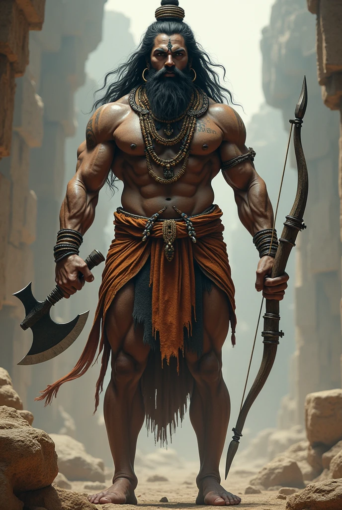 A man with 9 fit height with great musle build 
He is from ancient times. He is a avatar of god. Having two sided axe in one hand and arch in another hand with long hair and beard wearing tiger skin and mardani dhoti having hairstyle like lord shiva and utrasum bead garland in hairs arch in hand 
