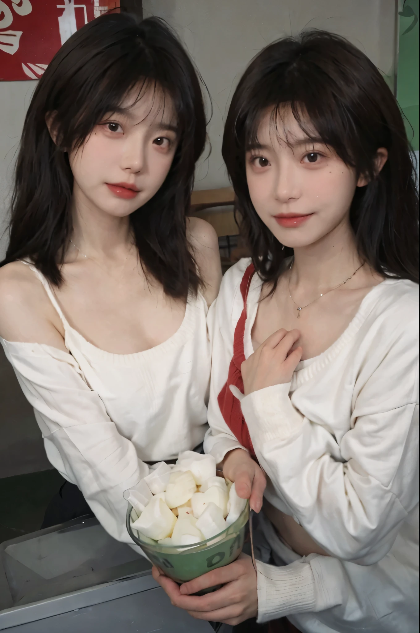 Best quality，Ultra-high resolution，(Realism:1.4)，Cute hairpins，Baoyu Girl，1 Girl，Red short sweater，Beautiful woman with a slim figure:1.4，Abdominal muscles:1.1，(Brown hair，Mid-chest:1.3)，supermarket，Super delicate face，Exquisite eyes，Double eyelids，make faces，necklace