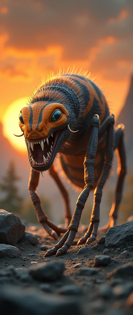 This is a digital image of the body of an Ant with a tail with the head of a white-toothed snake walking on rocky ground.   The snake is facing the right side of the image, with its mouth wide open, releasing sharp teeth and sharp claws.   Its fur is orange and black stripes, and its eyes are yellow.   The background is a dark orange sky from sunset.   The land is covered with rocks and boulders and there are some trees and mountains in the distance.   The general feeling of the image is fierce and powerful.