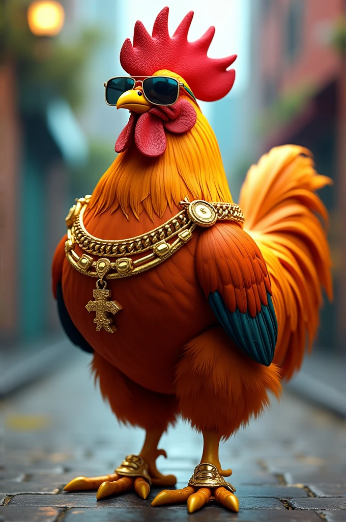 Create a rooster with gold chains and shoes and glasses