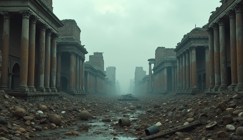 a destroyed Roma 30 a.c. post-apocalyptic world, abandoned city, crumbling buildings, debris, rubble, broken windows, rusted metal, dystopian, gloomy atmosphere, overcast sky, desolate landscape, dark and moody, muted color palette, post-war devastation, forgotten and decaying, (best quality,8k,highres,masterpiece:1.2),ultra-detailed,(realistic,photorealistic,photo-realistic:1.37),cinematic lighting,cinematic composition,dramatic lighting,dramatic shadows,cinematic camera angle