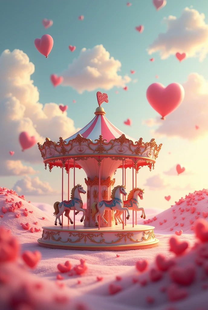Carousel in the center of the image, hearts in the background