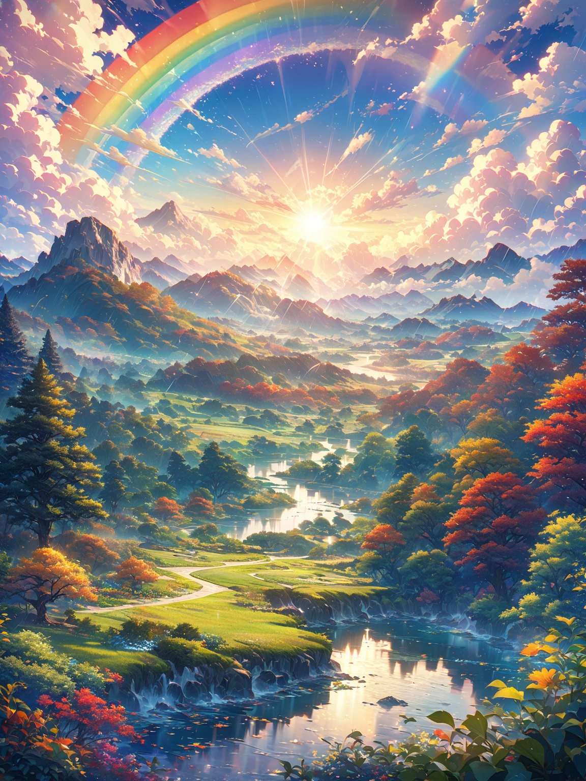 Classic anime style image of a very beautiful landscape with trees with leaves of different colors. very vivid colors, It is raining lightly but there is also a very bright sun which causes a very beautiful rainbow.. Super detailed image. of the highest quality.