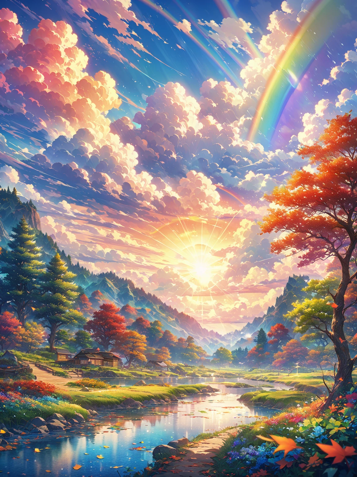 Classic anime style image of a very beautiful landscape with trees with leaves of different colors. very vivid colors, It is raining lightly but there is also a very bright sun which causes a very beautiful rainbow.. Super detailed image. of the highest quality.