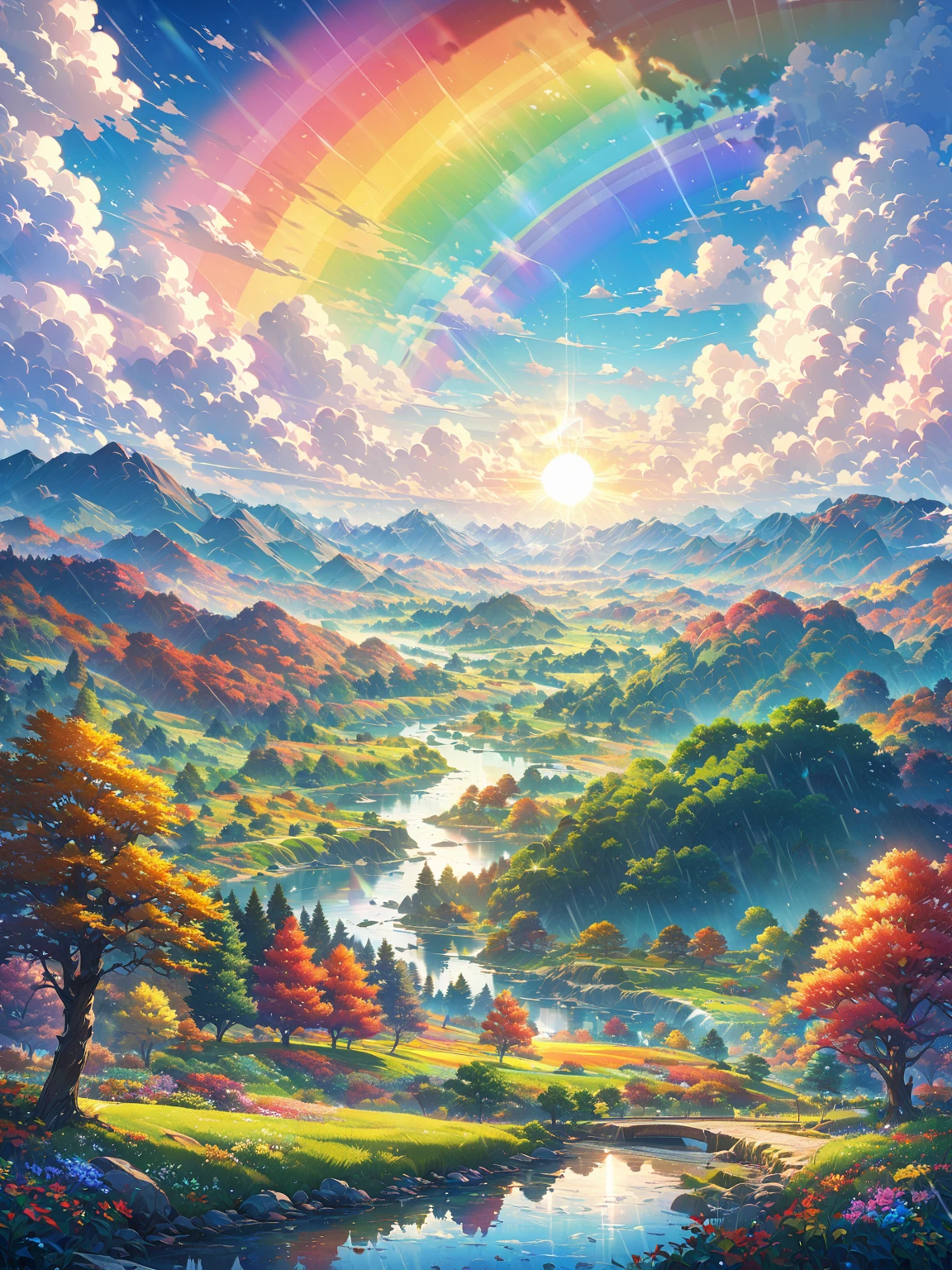 Classic anime style image of a very beautiful landscape with trees with leaves of different colors. very vivid colors, It is raining lightly but there is also a very bright sun which causes a very beautiful rainbow.. Super detailed image. of the highest quality.