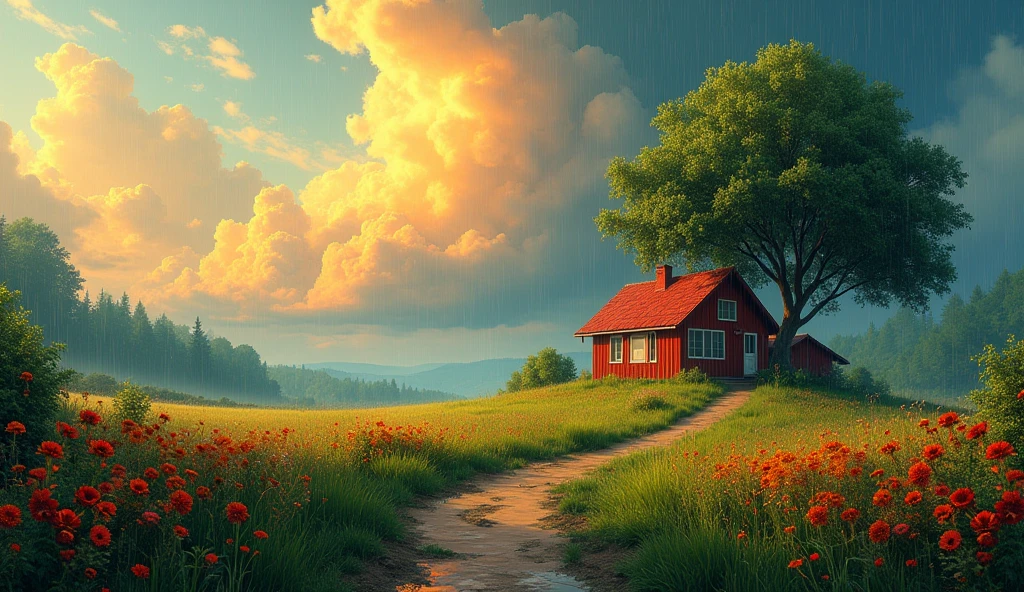 Create a landscape of a serene countryside scene during a gentle summer rain. A cozy cottage with a red roof is nestled near a large, lush green tree. The sky is filled with dramatic, billowing clouds in vibrant shades of orange and yellow, illuminated by sunlight breaking through, creating a striking contrast with the dark blue rain clouds. A narrow, winding path leads to the cottage, bordered by wildflowers in bright red and orange hues, and rich green grass. Small puddles form from the rain along the path.
The overall atmosphere is peaceful and, picturesque, with a harmonious blend of nature and tranquility, depicted in highly saturated colors to enhance the vividness and charm of the landscape.