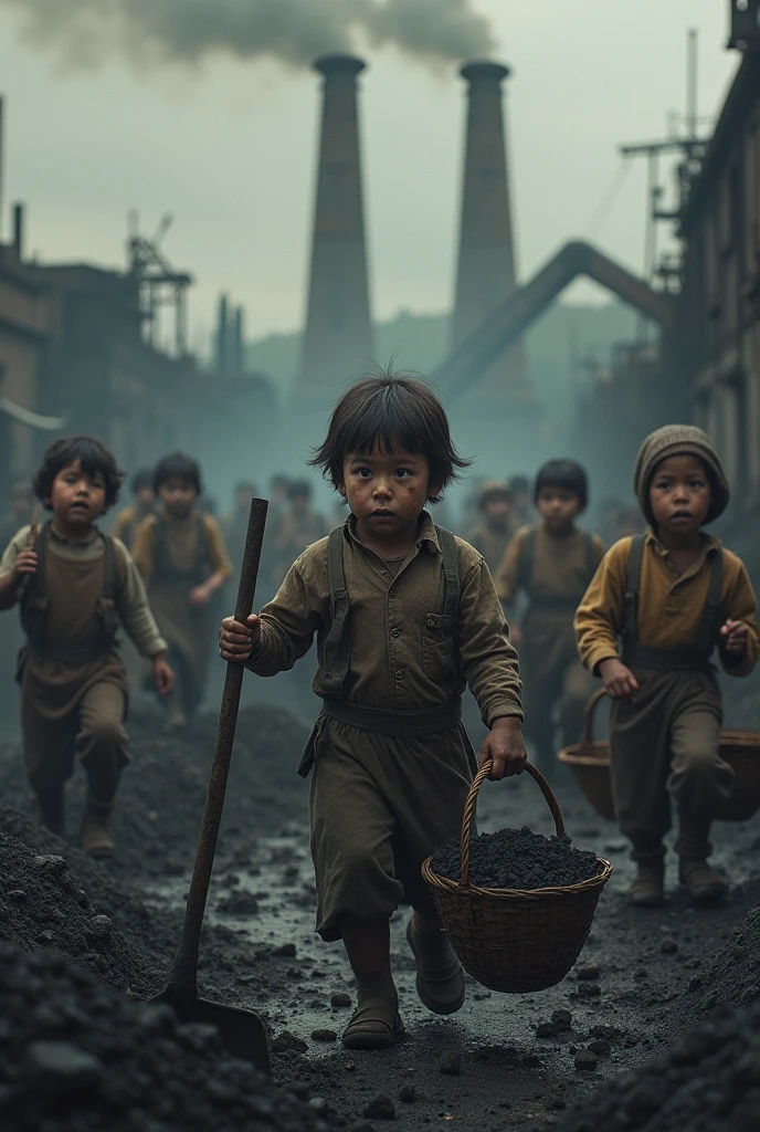 Children working with coal and watching other children playing happily