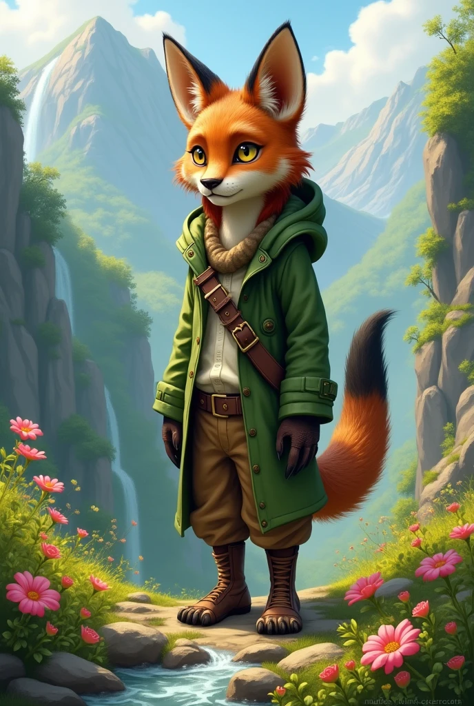 He has fox ears, brown hair, cat paws, a crocodile tail, lion claws, a green coat and brown pants, he is medium tall, he lives in a landscape where there are mountains and flowers, also where there are waterfalls.