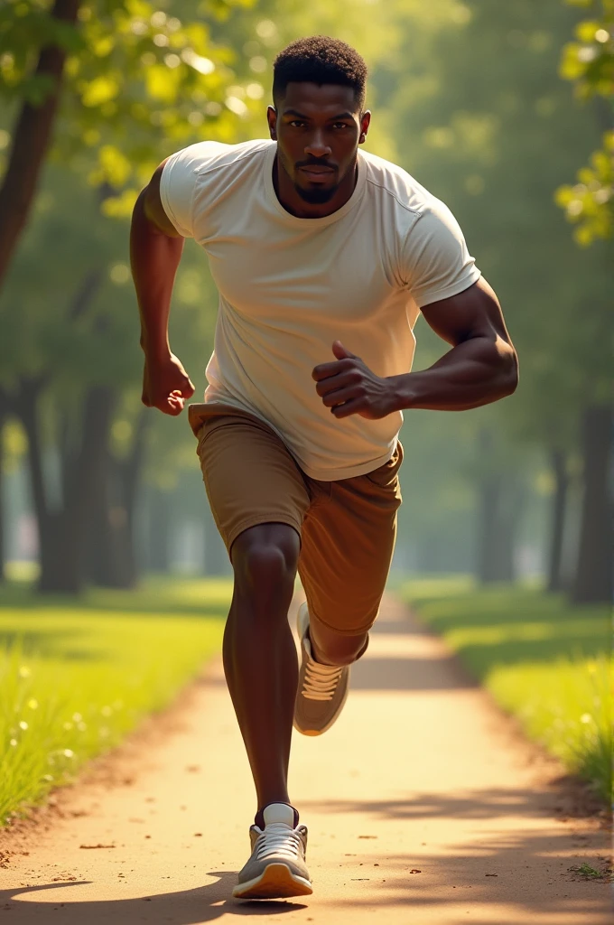 A dark-skinned character named ZERO who is running in a park dressed in a white t-shirt, brown pants, and white and brown shoes