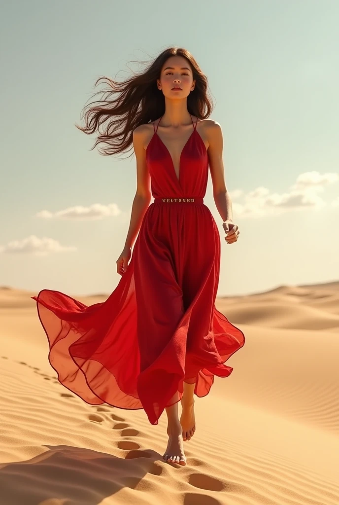 A brunette woman, Long, wavy hair, running in the sahara desert, wearing a flowing red dress