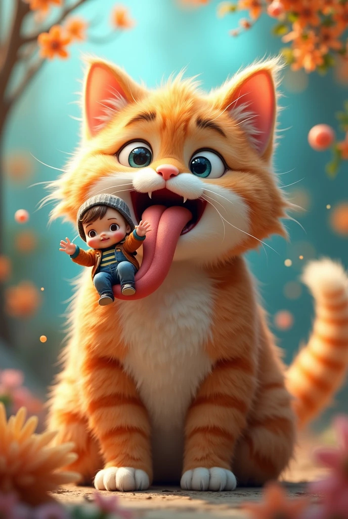 Furry cat teenager cat with a kid sitting on his tongue