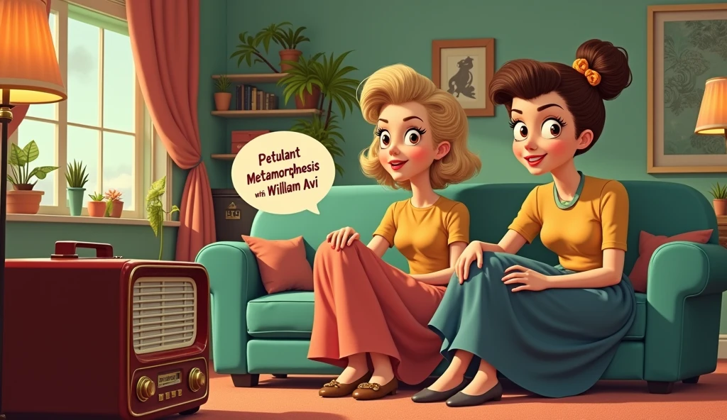 2 Middle-class women in the 1950s in the United States at home listening to the radio, with those very cartoonish hair and colorful furniture, a comic balloon comes out of the radio with the words: "You are listening to Petulant Metamorphosis with William Avi", realistic styling, a photo looking like those photos from historical records