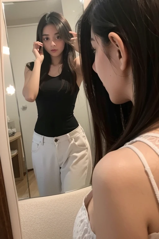 A girl looking in a mirror seeing yourself. She's really surprised and embarrassed