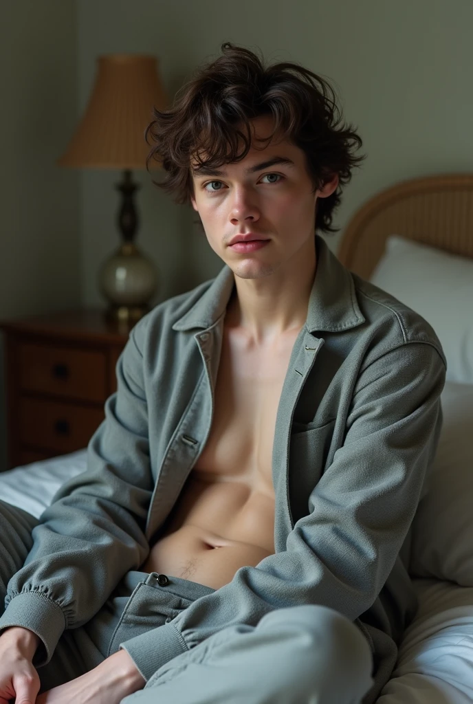 (photorealism:1.2), Harry Styles, 20 years, short curly hair with bangs, gray clothes, sitting on a bed, showing abdomen, looking ahead