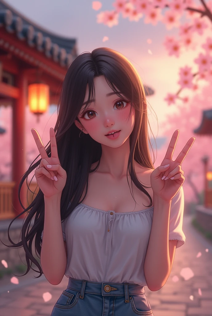 An 8K high definition cinematic rendering of a romantic anime-style medium scene of a beautiful Korean girl with long dark hair, she is making the peace sign with her fingers and with a playful smile sticking out her tongue in a cheerful and playful expression, the scenery is romantic and dreamy, with subtle symbols of Korean culture, such as a soft depiction of the roof of a traditional Korean palace, cherry blossoms and soft lanterns. The background is blurred and contains a soft depiction of the roof of a traditional Korean palace, cherry blossoms and soft lantern lights. High Resolution, Masterpiece, Best Quality, Detail, HD Model, High Quality, Super Detail, Ultra HD, Blushing, Laughing, Tongue Out, Smiling, Embarrassed, Slight Smile, Ukiyo-e, 3D Rendering, American Propaganda Poster, Anime Style, Art Nouveau, Cinematic, Photorealism, Portrait Photography, Realism,