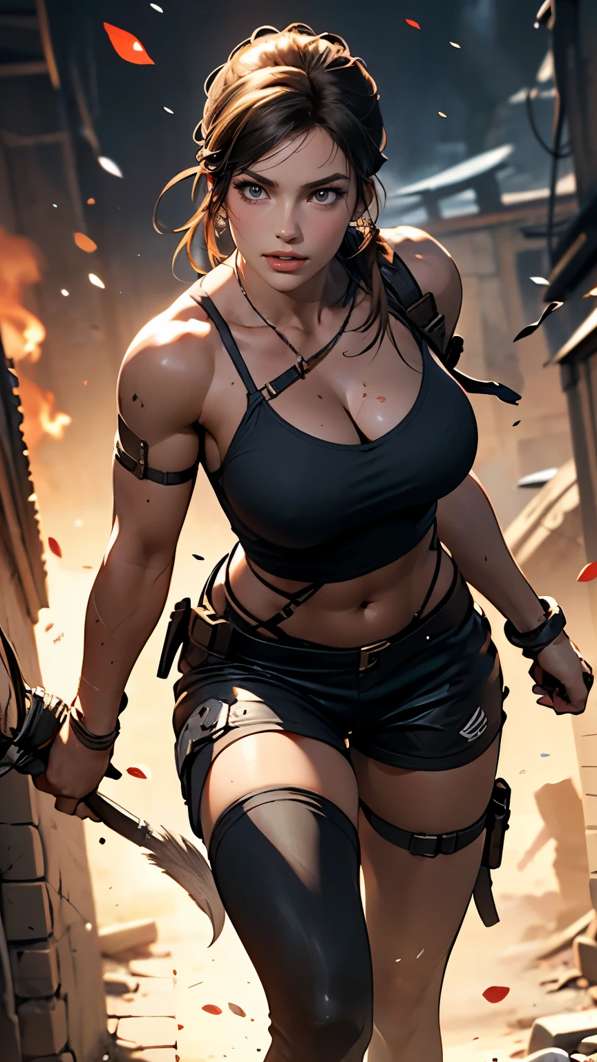 full body image,Masterpiece, best quality, Super display, Very realistic, Highly detailed face, Clean and delicate face, whole body(Masterpiece best quality: 1.2) "Tomb Raider Sexy, sexy anime style, charming, charming, big breasts" The background of the battle atmosphere is fierce and all around in the style of a leading portrait painter.