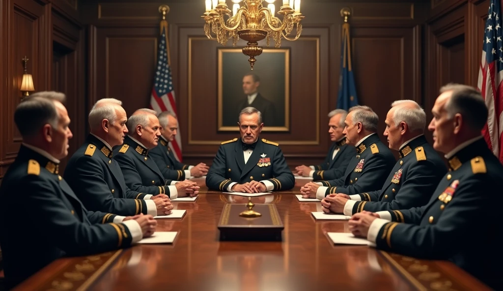a highly detailed photo of american 1862 generals in a meeting room, realistic, photorealistic, 8k, ultra-detailed, professional, dramatic lighting, intense expressions, serious demeanor, military uniforms, oak table, chandelier, american flags