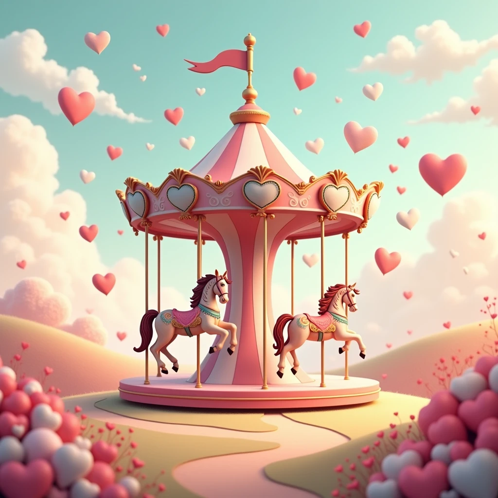 Carousel in the center of the image, hearts in the background