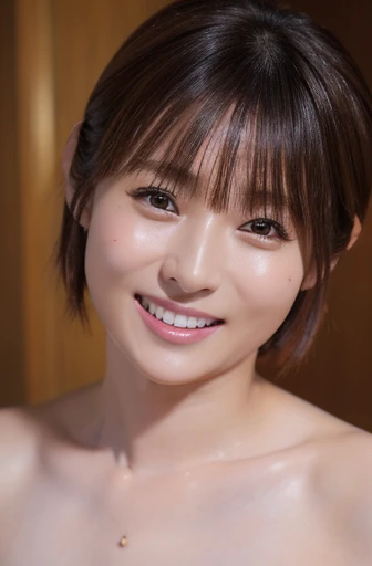 (Highest quality、4K、8k、High resolution、masterpiece:1.2)、Very detailed、(Genuine、Realistic、Realistic:1.3)、japanese women、smile、Large Breasts、short hair、completely naked、Full body photography