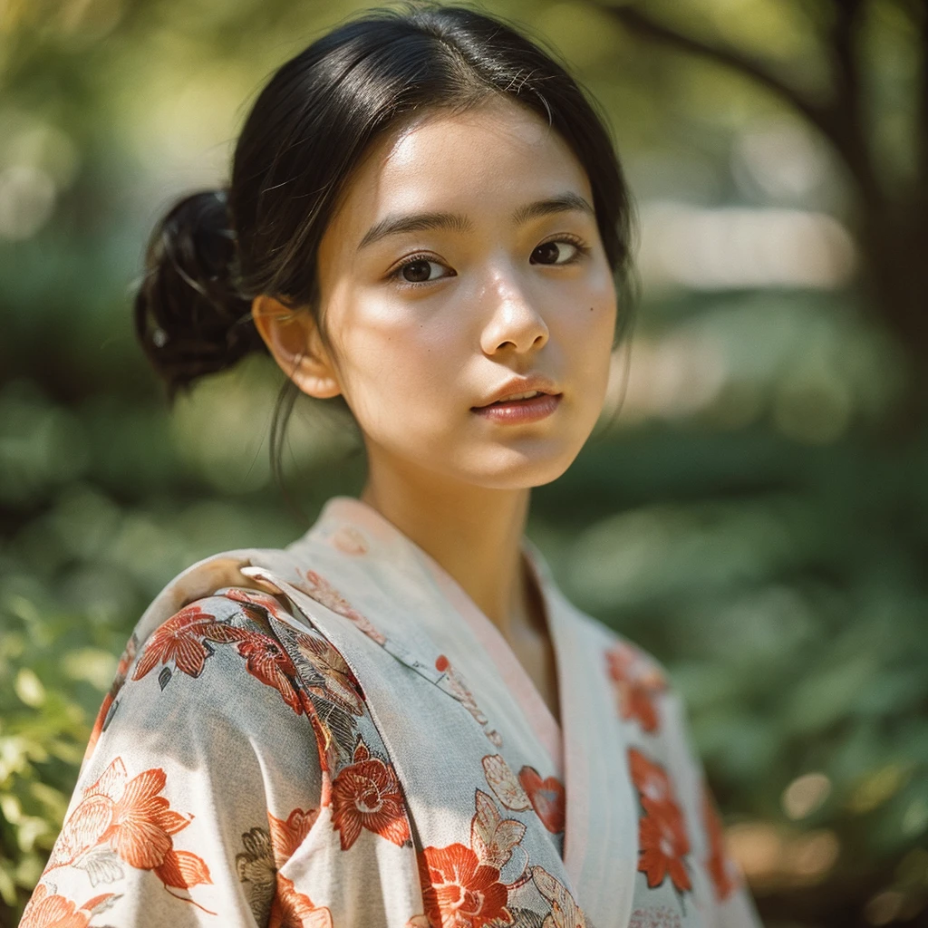 A hyper-realistic image of a single Japanese woman in her early 20s, captured from the shoulders up with the nostalgic warmth and subtle graininess of a film camera. She is wearing a traditional yukata with a vibrant, cute design featuring bold and colorful floral patterns such as cherry blossoms and peonies in shades of pink, red, and lavender, set against a soft pastel background. The obi is elegantly tied with a complementary color, adding a playful touch. The fabric of the yukata appears naturally lightweight, with visible folds and textures that enhance its realism, draping gracefully over her shoulders. Her skin, seen clearly from the shoulders up, has a warm beige tone with a highly realistic, slightly rough texture, showcasing visible pores, fine lines, and minor blemishes, along with subtle unevenness, such as delicate dryness around the cheeks and small natural shadows under the eyes. The lighting is soft and subdued, replicating the gentle, diffused natural light of an overcast day or early evening, creating realistic shadows across her face. These shadows subtly contour her cheekbones, nose, and jawline, adding depth and dimension to her facial features, enhancing the lifelike quality of her skin texture. Her straight, glossy black hair frames her face naturally, slightly tousled, adding to the authenticity of her look. Her deep brown eyes reflect the ambient light, providing depth and a natural, lifelike shine. The film camera effect introduces a noticeable grain and a soft focus, giving the image a warm, nostalgic atmosphere while maintaining the raw, lifelike quality of her skin. The composition is centered solely on her, capturing her serene and understated elegance, focusing closely on the detailed textures of the yukata and the authentic, natural skin texture, with dynamic lighting and shadow play that mimics a real-life photograph.