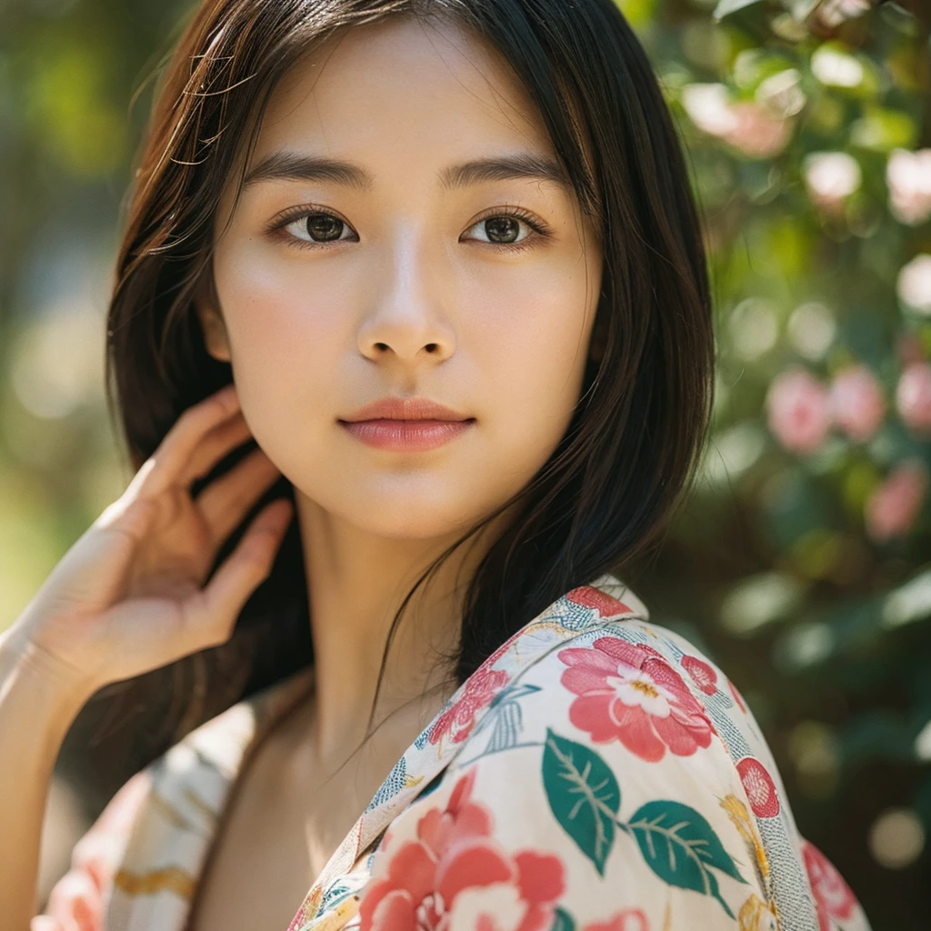 A hyper-realistic image of a single Japanese woman in her early 20s, captured from the shoulders up with the nostalgic warmth and subtle graininess of a film camera. She is wearing a traditional yukata with a vibrant, cute design featuring bold and colorful floral patterns such as cherry blossoms and peonies in shades of pink, red, and lavender, set against a soft pastel background. The obi is elegantly tied with a complementary color, adding a playful touch. The fabric of the yukata appears naturally lightweight, with visible folds and textures that enhance its realism, draping gracefully over her shoulders. Her skin, seen clearly from the shoulders up, has a warm beige tone with a highly realistic, slightly rough texture, showcasing visible pores, fine lines, and minor blemishes, along with subtle unevenness, such as delicate dryness around the cheeks and small natural shadows under the eyes. The lighting is soft and subdued, replicating the gentle, diffused natural light of an overcast day or early evening, creating realistic shadows across her face. These shadows subtly contour her cheekbones, nose, and jawline, adding depth and dimension to her facial features, enhancing the lifelike quality of her skin texture. Her straight, glossy black hair frames her face naturally, slightly tousled, adding to the authenticity of her look. Her deep brown eyes reflect the ambient light, providing depth and a natural, lifelike shine. The film camera effect introduces a noticeable grain and a soft focus, giving the image a warm, nostalgic atmosphere while maintaining the raw, lifelike quality of her skin. The composition is centered solely on her, capturing her serene and understated elegance, focusing closely on the detailed textures of the yukata and the authentic, natural skin texture, with dynamic lighting and shadow play that mimics a real-life photograph.