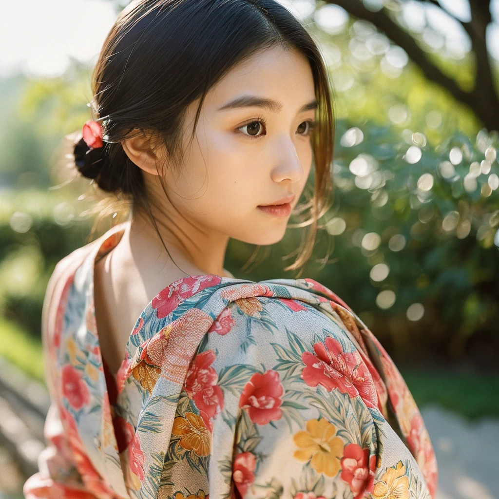 A hyper-realistic image of a single Japanese woman in her early 20s, captured from the shoulders up with the nostalgic warmth and subtle graininess of a film camera. She is wearing a traditional yukata with a vibrant, cute design featuring bold and colorful floral patterns such as cherry blossoms and peonies in shades of pink, red, and lavender, set against a soft pastel background. The obi is elegantly tied with a complementary color, adding a playful touch. The fabric of the yukata appears naturally lightweight, with visible folds and textures that enhance its realism, draping gracefully over her shoulders. Her skin, seen clearly from the shoulders up, has a warm beige tone with a highly realistic, slightly rough texture, showcasing visible pores, fine lines, and minor blemishes, along with subtle unevenness, such as delicate dryness around the cheeks and small natural shadows under the eyes. The lighting is soft and subdued, replicating the gentle, diffused natural light of an overcast day or early evening, creating realistic shadows across her face. These shadows subtly contour her cheekbones, nose, and jawline, adding depth and dimension to her facial features, enhancing the lifelike quality of her skin texture. Her straight, glossy black hair frames her face naturally, slightly tousled, adding to the authenticity of her look. Her deep brown eyes reflect the ambient light, providing depth and a natural, lifelike shine. The film camera effect introduces a noticeable grain and a soft focus, giving the image a warm, nostalgic atmosphere while maintaining the raw, lifelike quality of her skin. The composition is centered solely on her, capturing her serene and understated elegance, focusing closely on the detailed textures of the yukata and the authentic, natural skin texture, with dynamic lighting and shadow play that mimics a real-life photograph.