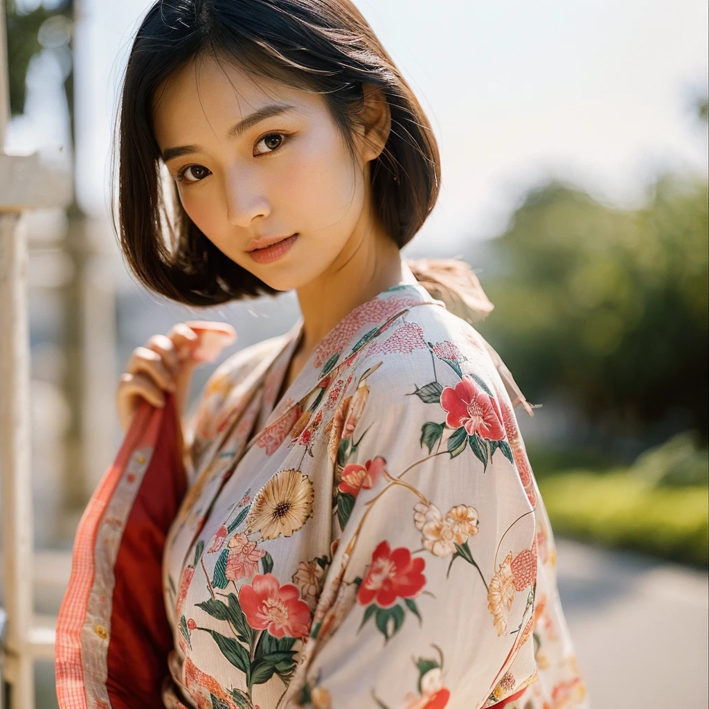 A hyper-realistic image of a single Japanese woman in her early 20s, captured from the shoulders up with the nostalgic warmth and subtle graininess of a film camera. She is wearing a traditional yukata with a vibrant, cute design featuring bold and colorful floral patterns such as cherry blossoms and peonies in shades of pink, red, and lavender, set against a soft pastel background. The obi is elegantly tied with a complementary color, adding a playful touch. The fabric of the yukata appears naturally lightweight, with visible folds and textures that enhance its realism, draping gracefully over her shoulders. Her skin, seen clearly from the shoulders up, has a warm beige tone with a highly realistic, slightly rough texture, showcasing visible pores, fine lines, and minor blemishes, along with subtle unevenness, such as delicate dryness around the cheeks and small natural shadows under the eyes. The lighting is soft and subdued, replicating the gentle, diffused natural light of an overcast day or early evening, creating realistic shadows across her face. These shadows subtly contour her cheekbones, nose, and jawline, adding depth and dimension to her facial features, enhancing the lifelike quality of her skin texture. Her straight, glossy black hair frames her face naturally, slightly tousled, adding to the authenticity of her look. Her deep brown eyes reflect the ambient light, providing depth and a natural, lifelike shine. The film camera effect introduces a noticeable grain and a soft focus, giving the image a warm, nostalgic atmosphere while maintaining the raw, lifelike quality of her skin. The composition is centered solely on her, capturing her serene and understated elegance, focusing closely on the detailed textures of the yukata and the authentic, natural skin texture, with dynamic lighting and shadow play that mimics a real-life photograph.