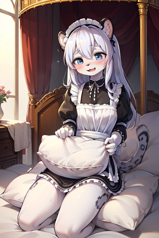 （masterpiece，best quality），mine, The Beast, , (Light and shadow suitable for any Pillow background））, 穿着Maid costume的可爱女孩在Pillow上摆姿势,，Maid costume，nature,, (blush),a smile，Pillow,（Lots of Pillow），Soft cushion，（canopy bed），（Pillow），Lots of Pillow，（Friction in the crotch），（（Pillow Hump）），（A tail），（Around the protagonist），steam，（Pillow），（Luxury Pillow），（Palace Pillow Pattern Pillow），（palace），（Palace bedroom），（Gorgeous Pattern Pillow），Soft Pillow，，（Classical European style bedroom ），（excited，shy person，Lack of expressiveness，），pillow hump,，(Deluxe Rococo Canopy King Bed),Luxurious curtains with ornate ruffles and ribbons hang around the large bed.,((((The bed is piled with many Pillows)))),Quilt details,Detailed bed linen,Ruffled Bed Skirt,Deep Bed,Background with depth,((Pillow in detail)), ((((A Lot of Pillow))))，,，Detailed Soft Pillow,,((女孩正躺在许多Soft Pillow上,There are many Pillows around))，、、In a large canopy bed、Soft sheets and quilts、Colorful soft Pillow、Lots of Pillow、Soft toned bed、Ruffled curtains around the bed.。Delicate face，（Gorgeous pattern pillow），Soft pillows，，（Classical European style bedroom ），（Excited face，Opened his mouth，Shy，），,MASTURBATING WITH PILLOW,，，Snow Leopard Girl,,Long hair,Gray and white leopard ears，Gray and white leopard tail,Black leopard print,，Facial pattern，，Sweaty，Leopard print fur，Leopard print skin，，No socks,