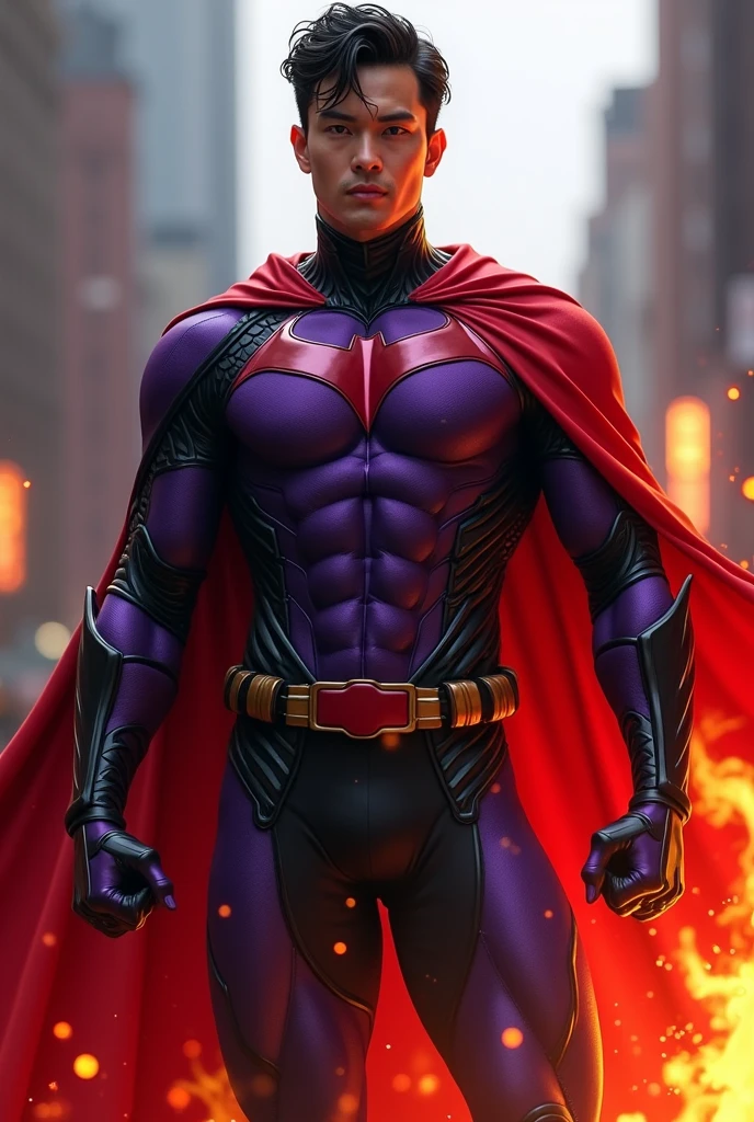 Create a hero with fire powers, purple uniform with black details and a red cape, with the character's traits, male Nightwing, without any symbol
