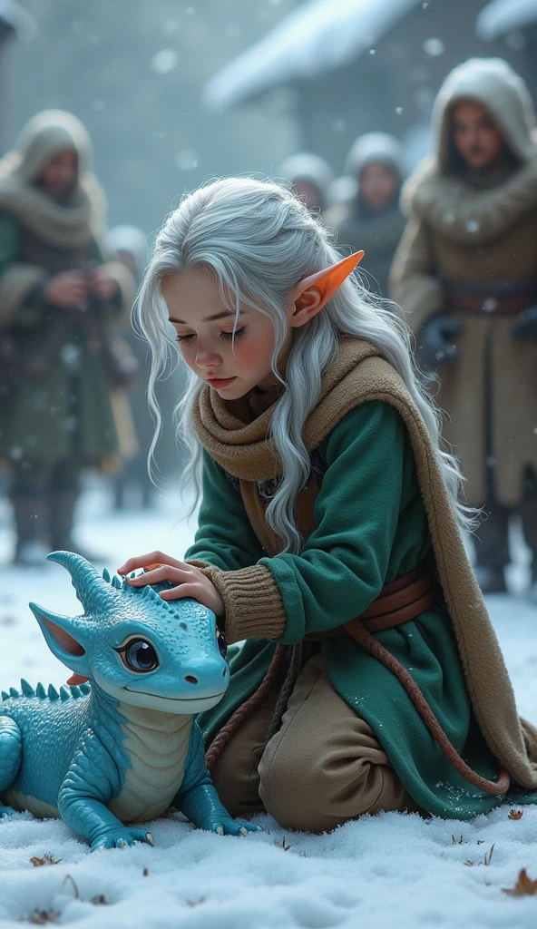 A young female elf with flowing silver hair, wearing warm winter clothing made of green and brown fabrics, kneeling next to a small, light-blue dragon, with scales that shimmer. The young elf's hand rests gently on the dragon's head. The dragon's eyes show exhaustion but understanding. The background shows the snowy village square, with villagers watching anxiously, illuminated by the last bit of magical light
