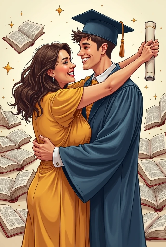Cartoon of a big girl hugging a young man in graduation attire who raises his hand and holds his graduation certificate. High-detailed drawing of lines and illustrated books.
