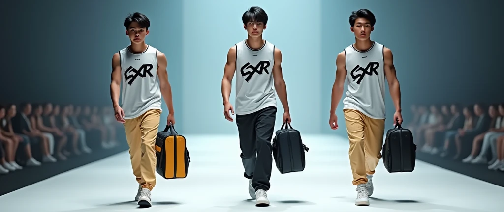 (photorealism:1.2), Three sportwear fashion handsome 18 yrs. old, k pop Asian male model, runway show full body holding sports bag pack, tank top casual wear style, SXR logo design, ultra-detailed, film photography, light leaks, trending on sportwear, sharp focus, studio photo, futuristic details, highly detailed