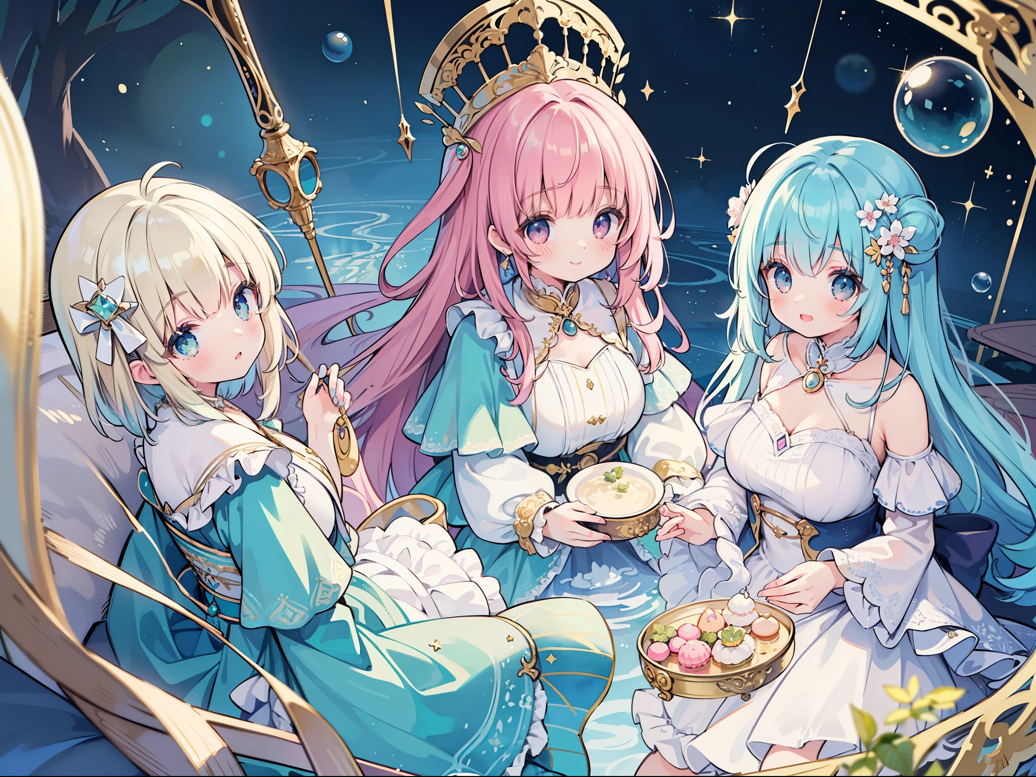 masterpiece, best quality, 8k resolution, sharp focus, intricate detail, beautiful 3girls, sparkling eyes, golden ratio face, otherworldly liquid, watercolor, pastel colors, bright colors, whimsical, colorful, sharp focus, high resolution, fine detail, ((layered tiered puffy long sleeves ballgown)), ((round eyes)), iridescent bubbles, fantasia background