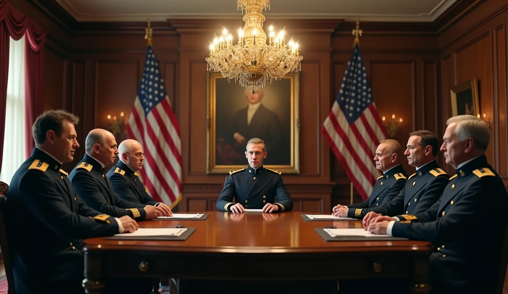 a highly detailed photo of american 1886 generals in a meeting room, realistic, photorealistic, 8k, ultra-detailed, professional, dramatic lighting, intense expressions, serious demeanor, military uniforms, oak table, chandelier, 1886 american flags