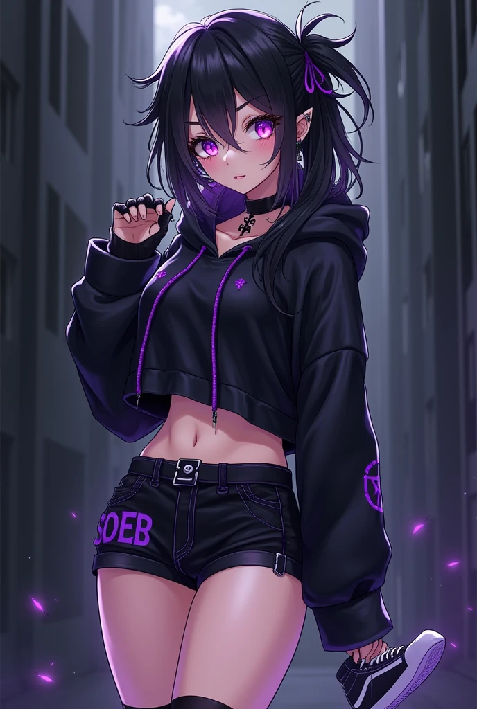 Anime boy big hair falling in the black eye,purples eyes, feminine appearance,black cross earrings, Piercing in the corner of the lip, black choker,black and purple hooded sweatshirt with belly showing, long black gloves,black shorts with a purple stripe on each side short, black band on the thigh,knee-high socks and black and purple Solo sneakers, femboy big ass and thick thighs, Bblack hair,