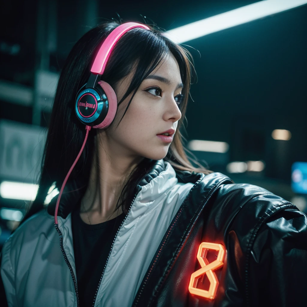 (8k, RAW Photo, Top Quality, Refined Details, Masterpiece: 1.2), (High Resolution 8k Wallpaper), Sharp Focus, Professional Lighting, Depth of Field, Cinematic Lighting, Background Blur,Cyberpunk-themed female gamer wearing high-tech headphones, neon cityscape background, vibrant colors, focused expression,profile