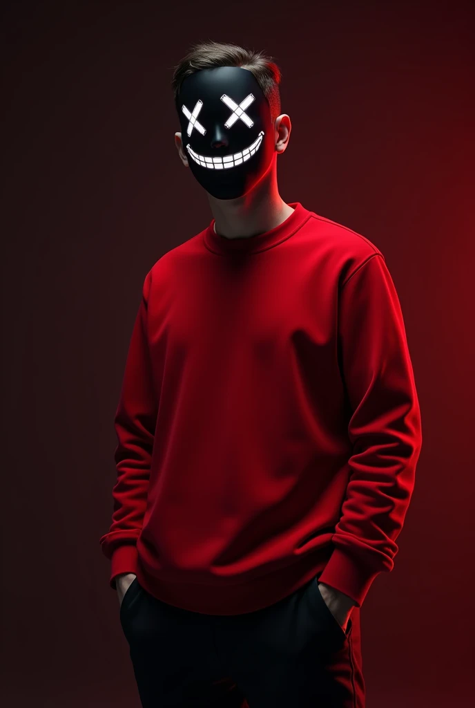 Image of a man in a red sweatshirt, The background should be dark combined with red, It must be realistic and the character must have a smiling mask
