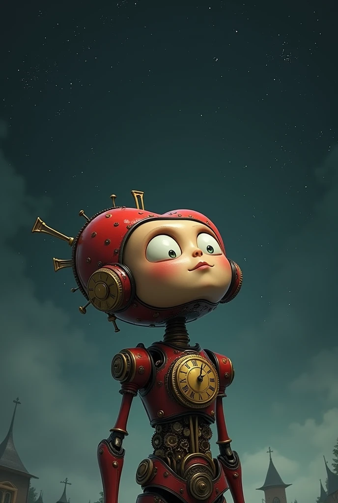 Jack of the Heart Clockwork Cartoon Movie Version, looking up at the dark, grey sky watching the stars with a sad face 
