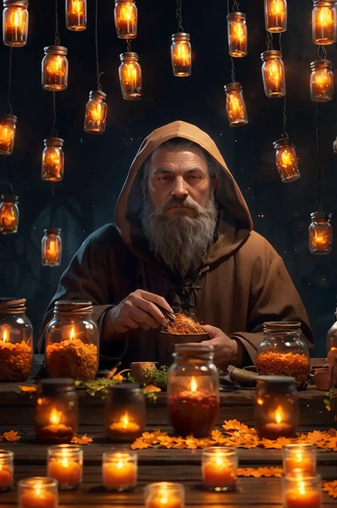 create an image exactly like this, but with a wizard outfit with more details and some magical details on the pots