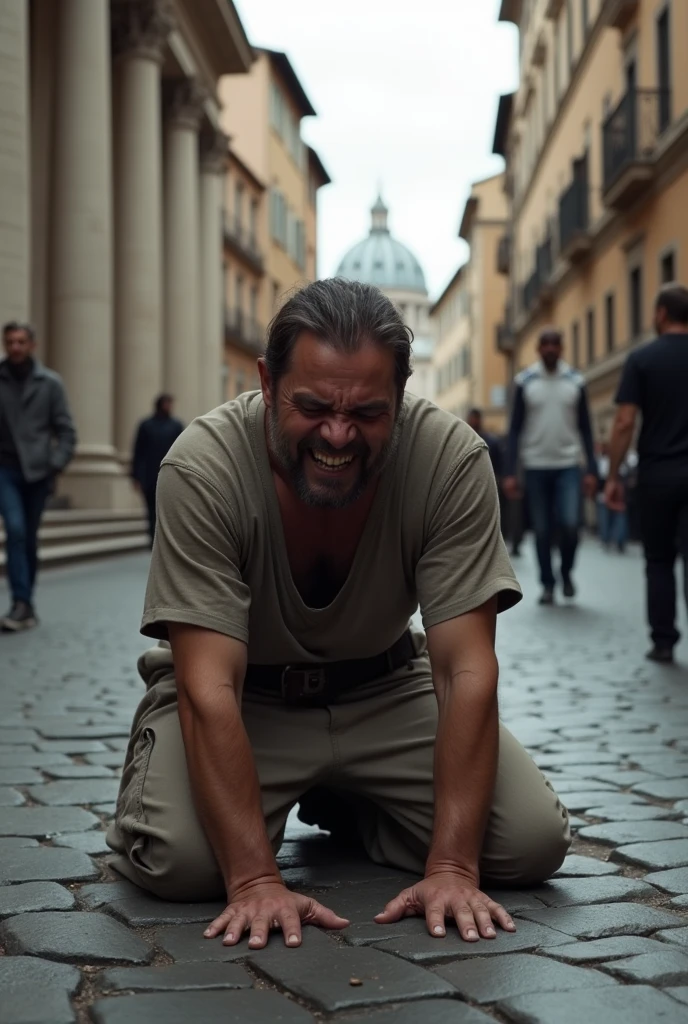 Man on his knees crying while walking through Rome