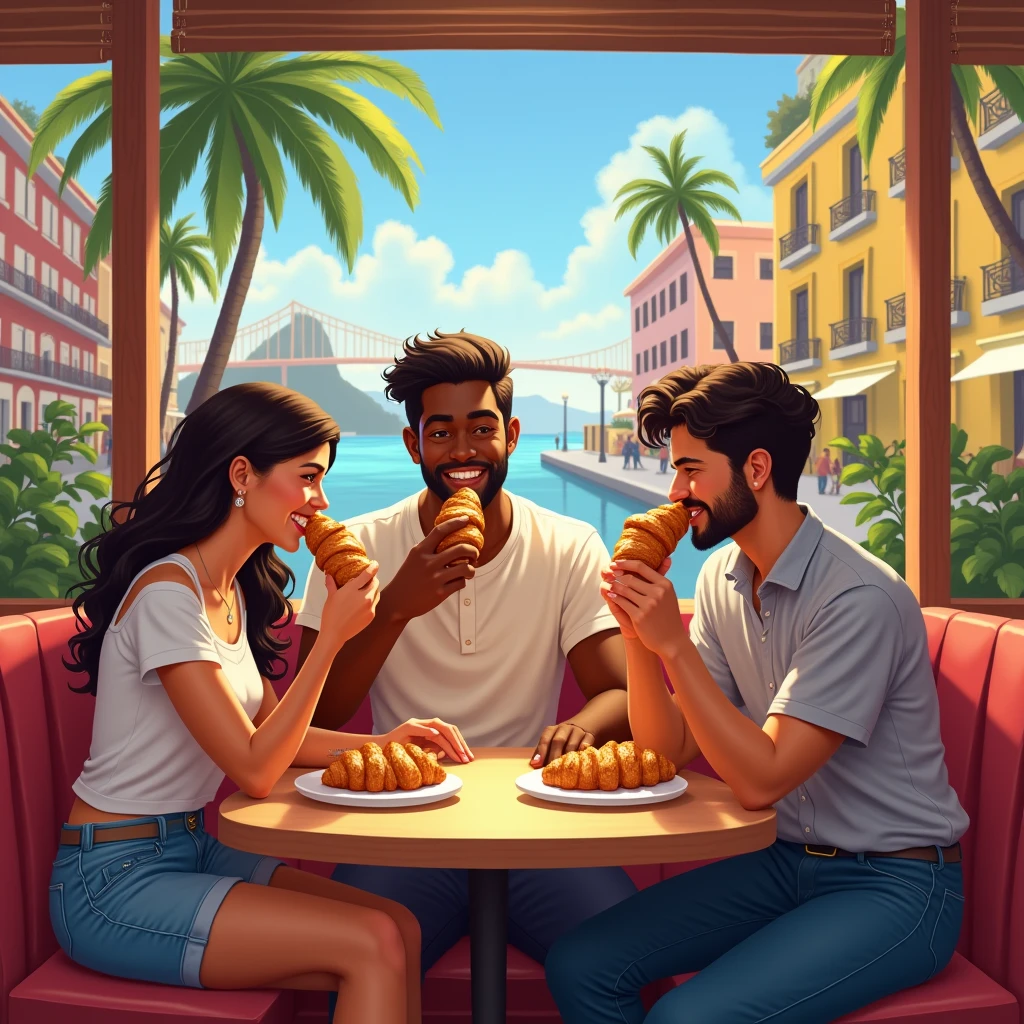 3 friends, being a brunette woman, a dark-skinned man and a white man each eating a croissant in a fancy bakery in rio de janeiro 